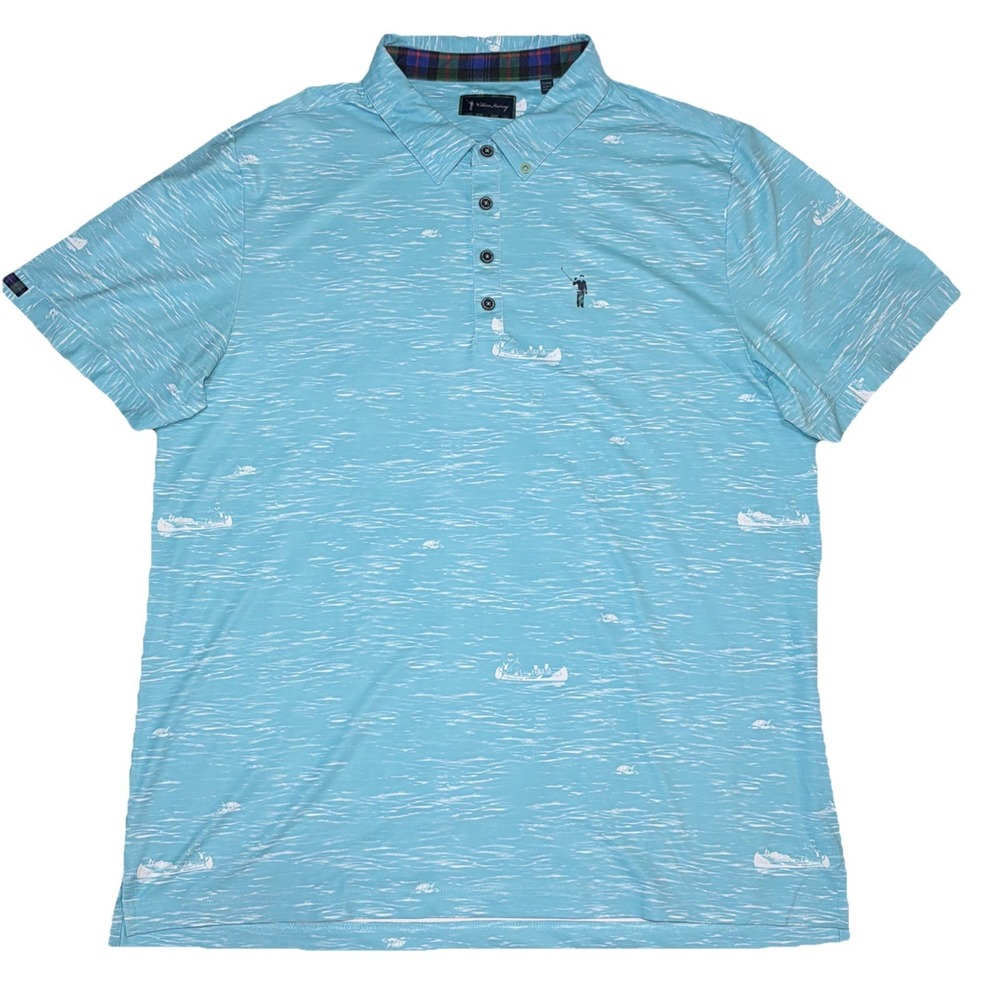 William Murray Polo Shirt Mens XL Blue Golf Canoe Print Stretch Performance